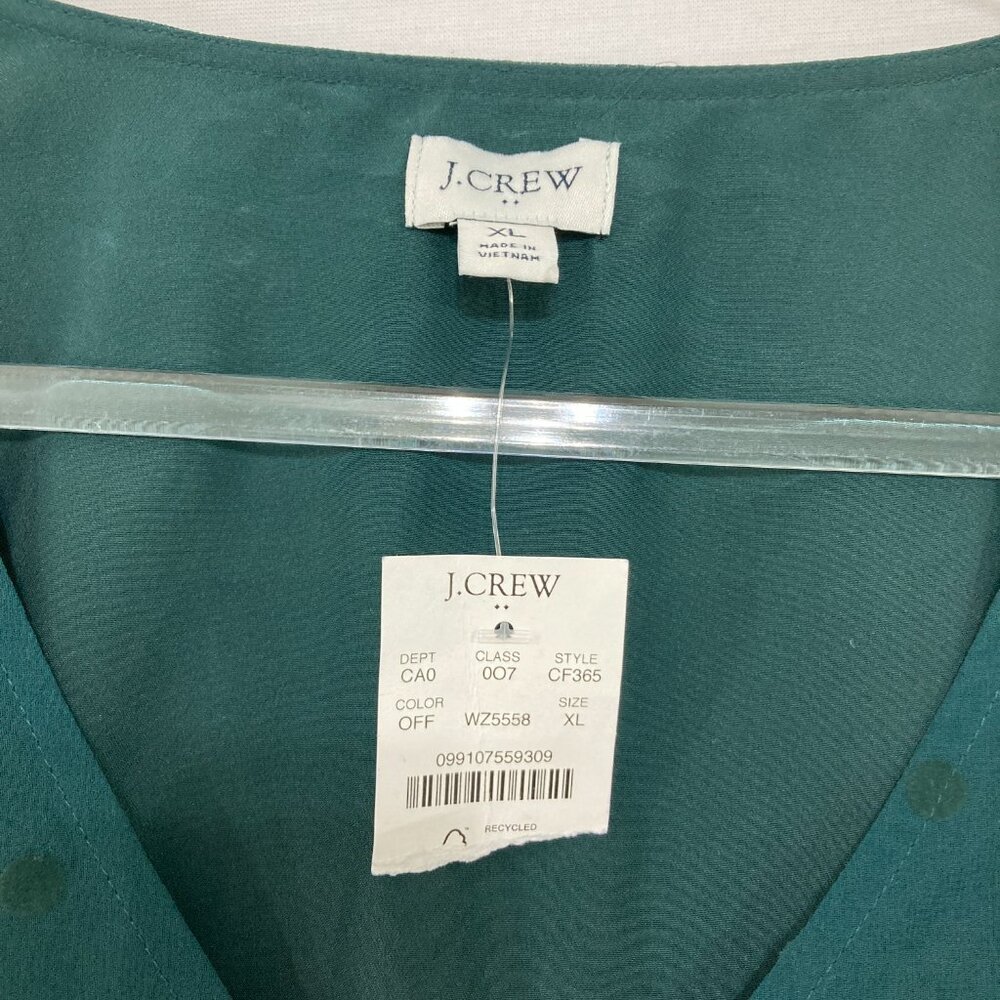 New J. Crew size XL Green V Neck Swiss Dot Long Sleeve Chiffon Blouse Preppy - Picture 3 of 12